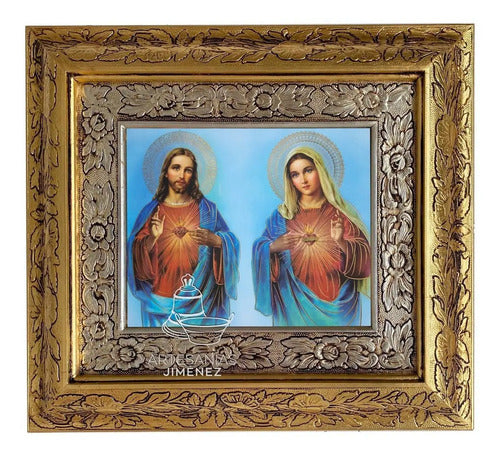 Cuadro Divino Sagrado Corazón De Jesus Y María 40x45 Cm Combinado Oro Y Plata Oro Y Plata