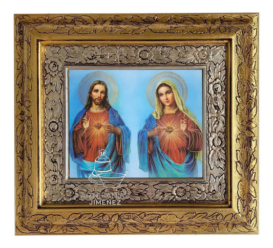 Cuadro del Divino Sagrado Corazón de Jesús y de María, 40x45 cm, acabado oro y plata