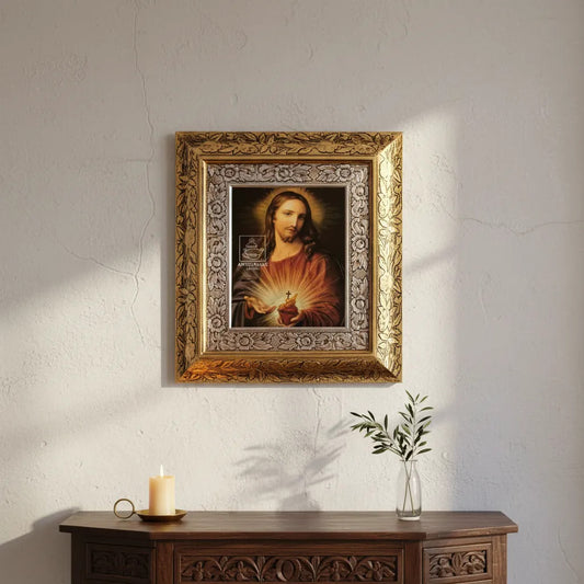 Cuadro del Sagrado Corazón de Jesús, 45x40 cm, acabado combinado oro y plata