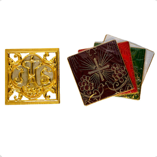 Porta palia y juego de 4 palias de los colores litúrgicos en latón con baño de oro, hecho a mano en México