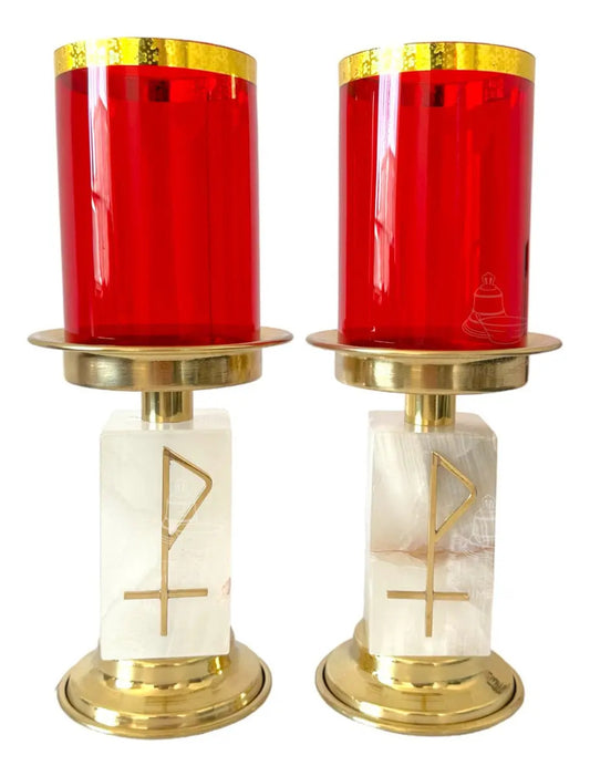 Candeleros de altar con vaso rojo y piedra cuadrada, ónix y latón dorado, hecho a mano en México