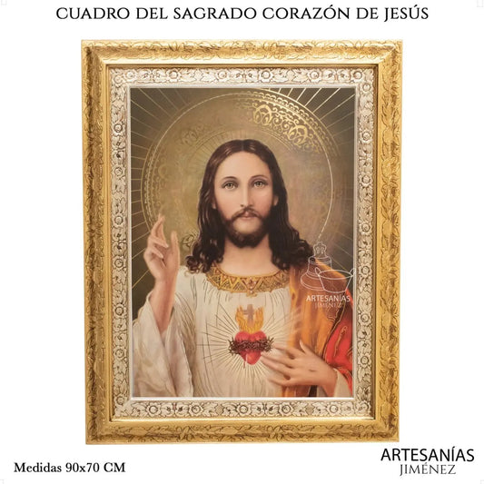 Cuadro del Sagrado Corazón de Jesús, 90x70 cm, acabado combinado oro y plata