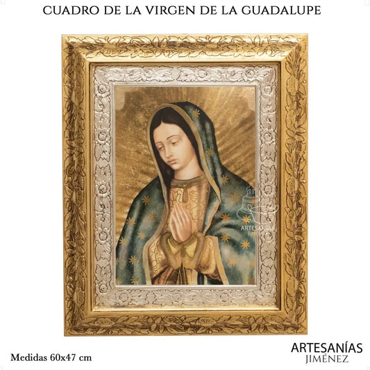 Cuadro del busto de la Virgen de Guadalupe de 60x47 cm, acabado combinado oro y plata