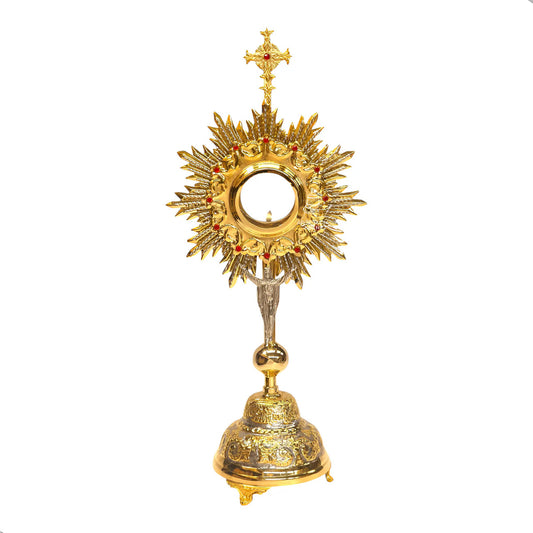 Custodia eucarística Cristo Rey de 70 cm, en latón con baño de oro, hecha a mano en México