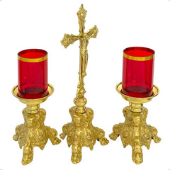 Candeleros Y Cruz Barroco Pie Leon Vasos Rojos Cruz De 49 Cm Bronce