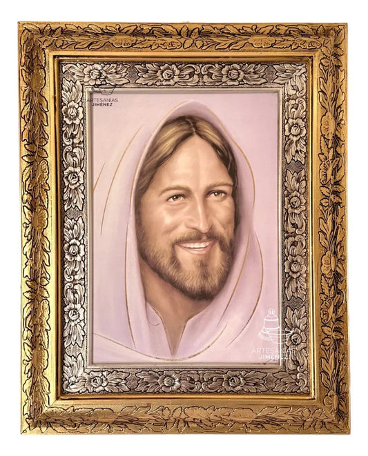 Cuadro del rostro de Jesús sonriente, 60x47 cm, marco de acabado combinado oro y plata