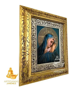 Cuadro Virgen De Los Dolores Con Fondo Azul Y Marco Oro Plata  45x40 Cm Combinado Oro Plata