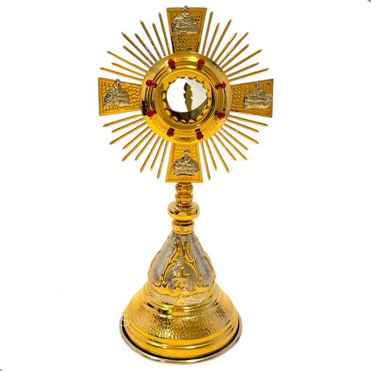 Custodia para iglesia o capilla de 40 cm, modelo peces y panes, con baño de oro, hecha a mano en México