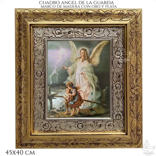 Cuadro del Ángel de la Guarda, 45x40 cm, acabado combinado oro y plata