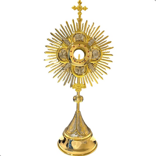 Custodia eucarística de 94 cm, modelo cuatro evangelistas, con baño de oro, hecha a mano en México