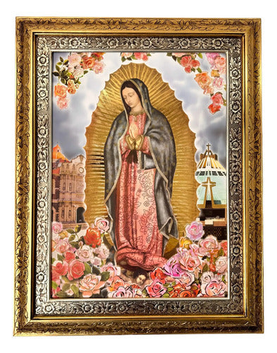 Cuadro Virgen De Guadalupe 90x70 Rosas Y Basilica Combinado Oro Y Plata Modelo 1