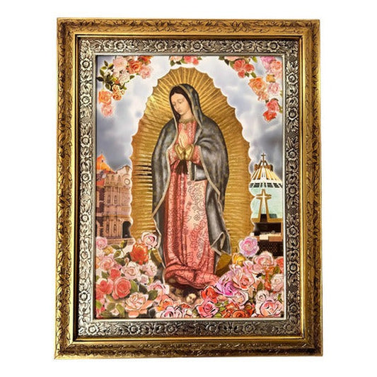 Cuadro de la Virgen de Guadalupe con rosas y basílica, 90x70 cm, acabado combinado oro y plata