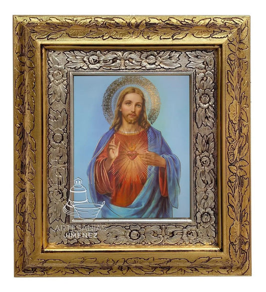 Cuadro del Divino Sagrado Corazón de Jesús, 45x40 cm, acabado combinado oro y plata