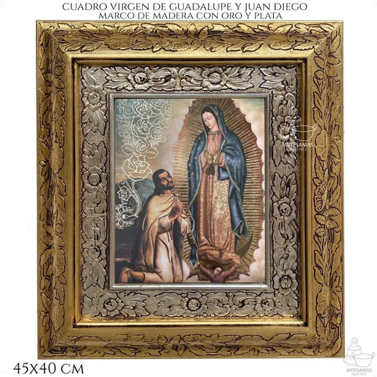 Cuadro de la Virgen de Guadalupe y Juan Diego, 45x40 cm, acabado combinado oro y plata