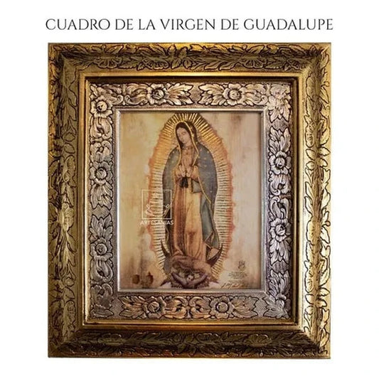 Cuadro de la Virgen de Guadalupe de 45x40 cm, acabado combinado oro y plata, hecho a mano
