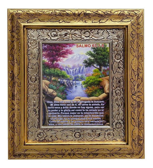 Cuadro con la cita del Salmo 63:1-5, 45x40 cm, acabado combinado oro y plata