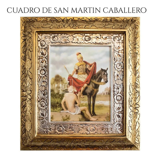 Cuadro de San Martín Caballero, 45x40 cm, acabado combinado oro y plata, hecho en México