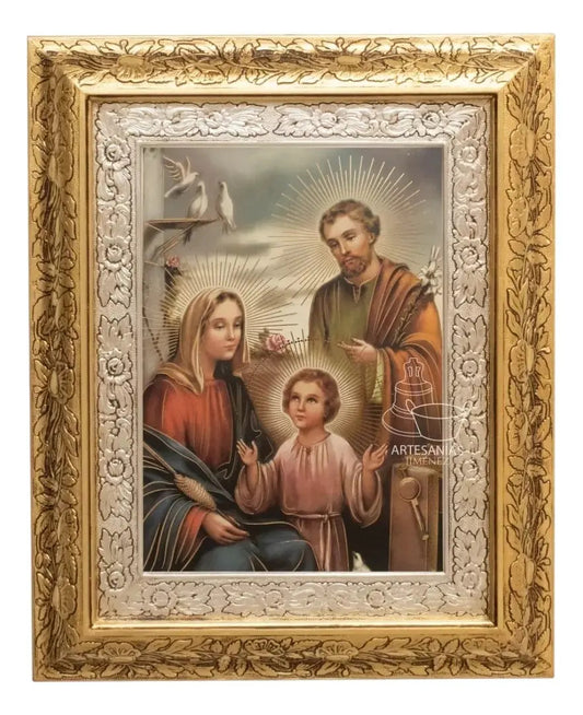 Cuadro de la Sagrada Familia de 60x47 cm, acabado combinado oro y plata, hecho a mano en México