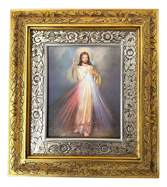 Cuadro del Señor de la Misericordia de 45x40 cm, acabado combinado oro y plata