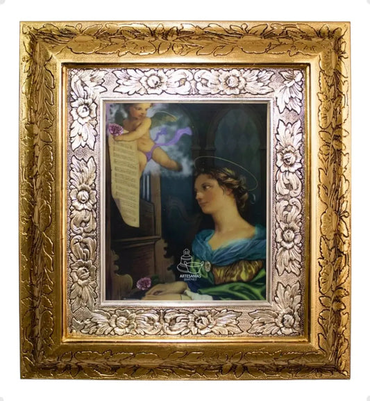 Cuadro de Santa Cecilia, 45x40 cm, acabado combinado oro y plata, hecho en México