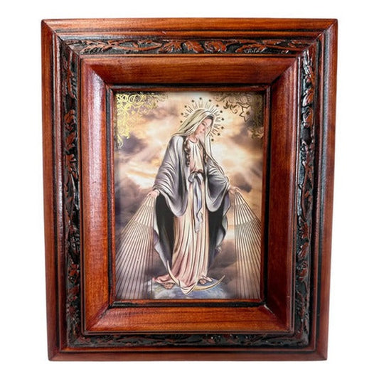 Cuadro virgen Medalla Milagrosa madera de pino 22x19 cm color nogal, hecho a mano en México