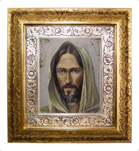 Cuadro Rostro De Jesus 45x40 Cm Combinado Oro Y Plata Oro Y Plata