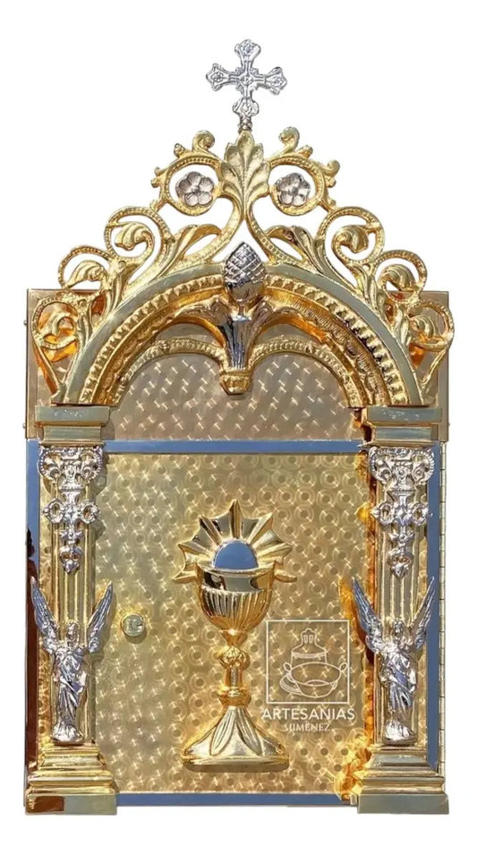 Sagrario de bronce grande de 40x40 cm con baño de oro y níquel, hecho a mano en México