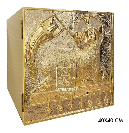 Sagrario modelo Cordero de 40x40 cm con expositor y baño de níquel y oro, hecho a mano en México