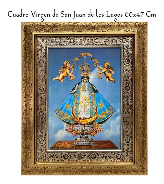 Cuadro de la Virgen de San Juan de los Lagos, 60x47 cm, acabado combinado oro y plata