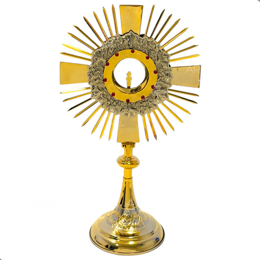 Custodia del Santísimo de 52 cm, en alpaca y bronce con baño de oro, hecha a mano en México