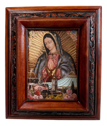 Cuadro Busto Virgen De Gpe Y Basilica Madera De Pino 22x19cm Color Nogal