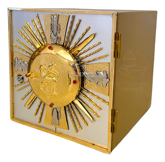 Sagrario de 30x30 cm con expositor y baño de níquel y oro, hecho a mano en México