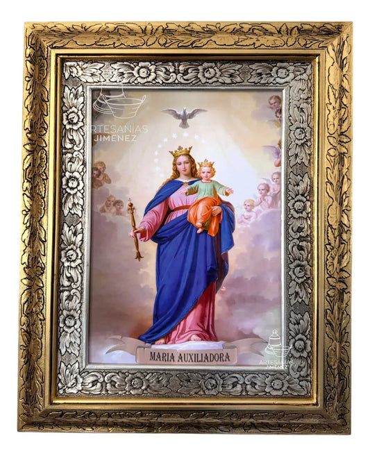Cuadro de María Auxiliadora de 60x47 cm, acabado combinado oro y plata, hecho a mano en México