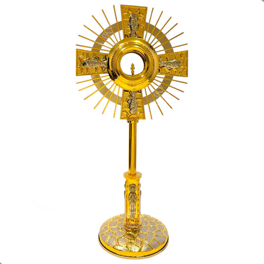 Custodia eucarística para hora santa con símbolos de los evangelistas, con baño de oro, hecha a mano en México