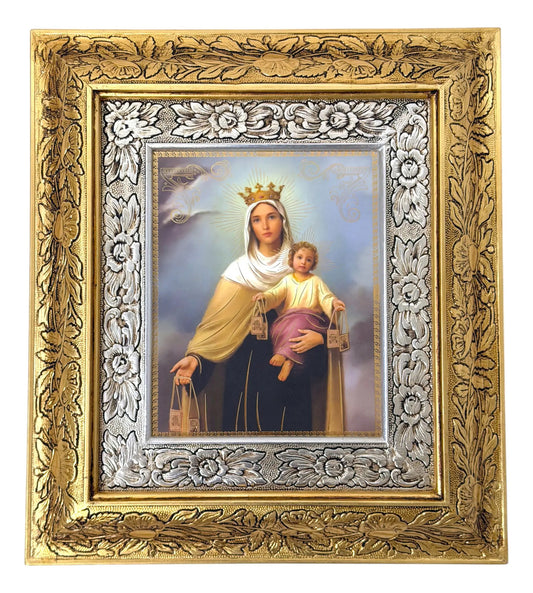 Cuadro de madera de la Virgen del Carmen, 45x40 cm, acabado combinado oro y plata