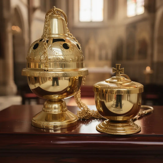 Incensario botafumeiro y naveta para iglesia, tamaño chico, modelo C02, hecho a mano en México