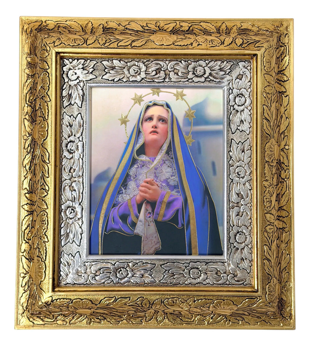 Cuadro de madera de la Virgen de los Dolores, 45x40 cm, acabado combinado oro y plata