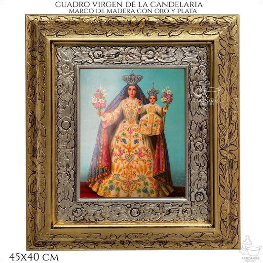 Cuadro de la Virgen de la Candelaria, 45x40 cm, acabado combinado oro y plata