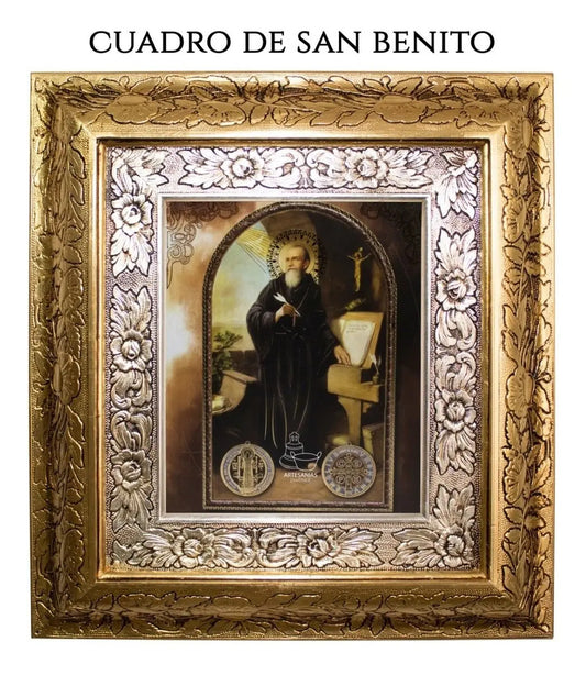 Cuadro de San Benito, 45x40 cm, acabado combinado oro y plata, hecho a mano en México