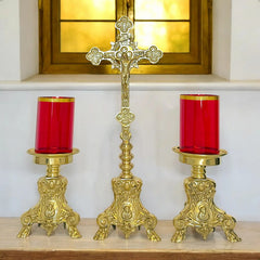 Candeleros Y Cruz Barroco Pie Leon Vasos Rojos Cruz De 65 Cm Bronce