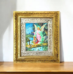 Cuadro Angel De La Guarda 45x40 Cm Combinado Oro Y Plata Oro Y Plata