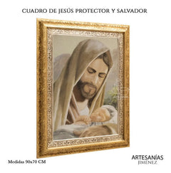Cuadro Jesús Protector Y Salvador 90x70 Cm T323 Combinado Oro Y Plata Oro Y Plata