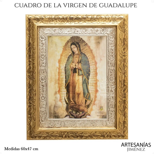 Cuadro de la Virgen de Guadalupe original, 60x47 cm, acabado combinado oro y plata