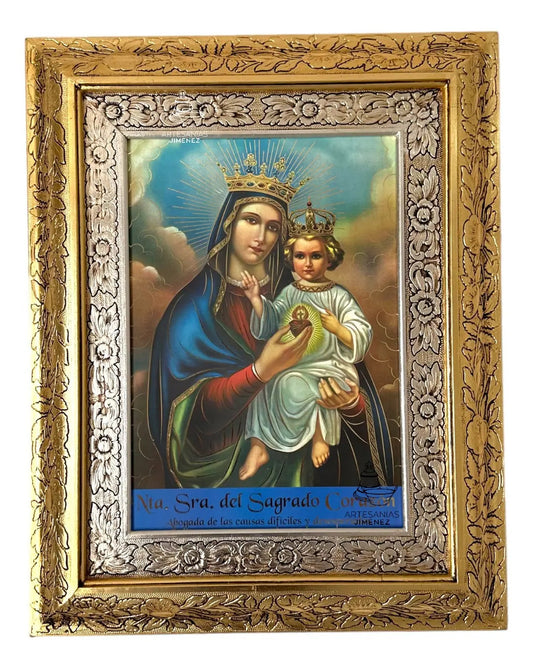 Cuadro de Nuestra Señora del Sagrado Corazón, causas difíciles, 60x47 cm, acabado oro y plata