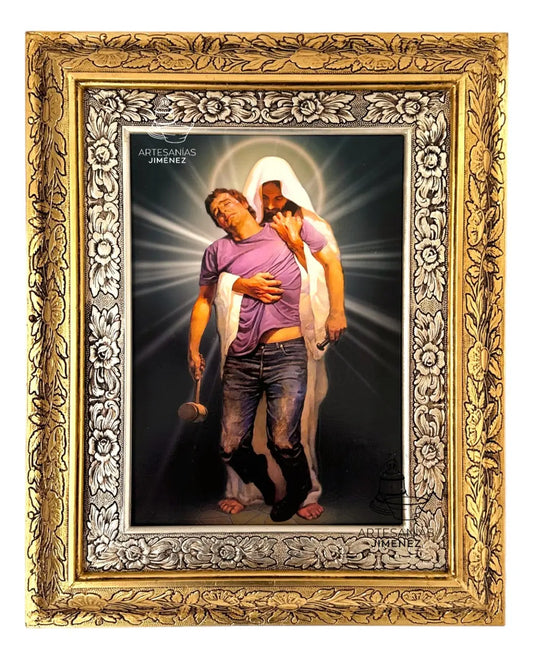 Cuadro de Jesús del Perdón de 60x47 cm, acabado combinado oro y plata, hecho a mano en México