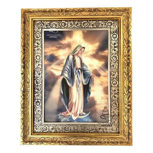Cuadro de la Virgen de la Medalla Milagrosa de 60x47 cm, acabado combinado oro y plata