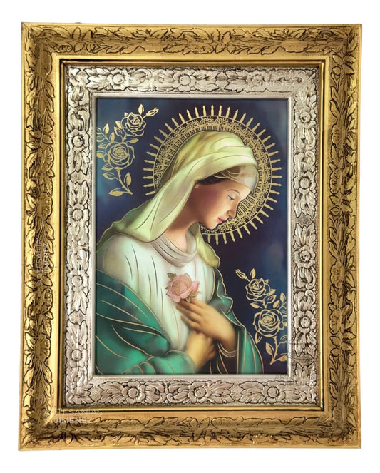 Cuadro de la Rosa Mística, 60x47 cm, acabado combinado oro y plata