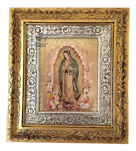 Cuadro de la Virgen de Guadalupe con rosas, 45x40 cm, acabado combinado oro y plata