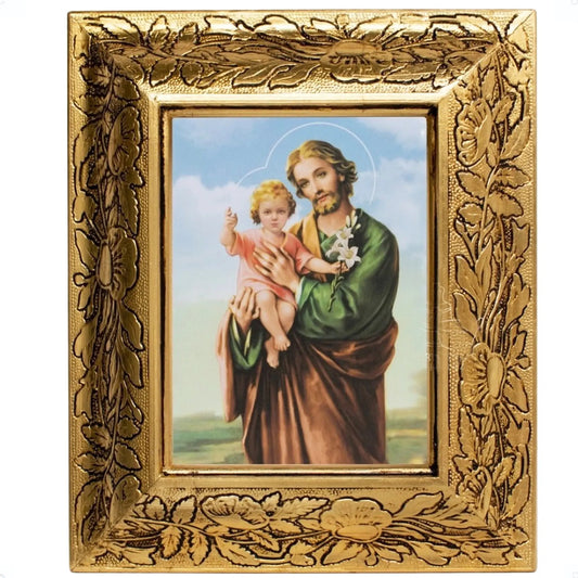 Cuadro de San José y el Niño Jesús, 31x26 cm, acabado combinado oro y plata