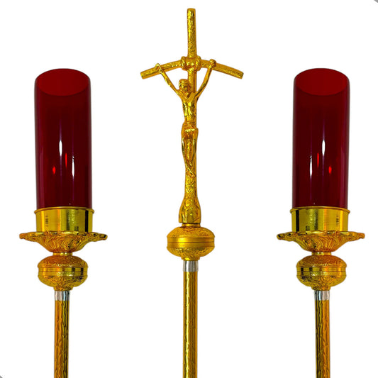 Ciriales y cruz alta dorados de aluminio, modelo papal, hecho a mano en México